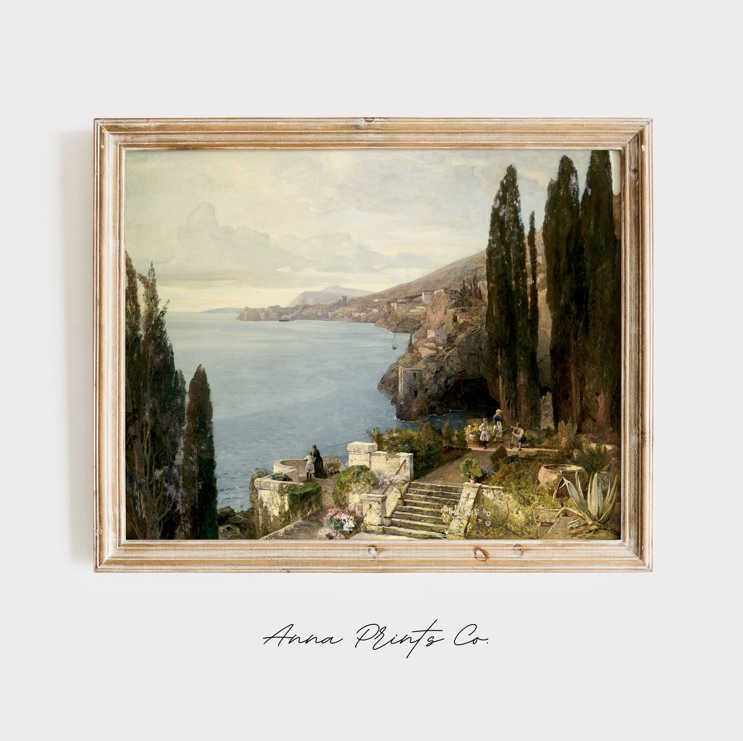 Vintage art print of View of Ragusa Coastal Artwork displayed in wooden frame