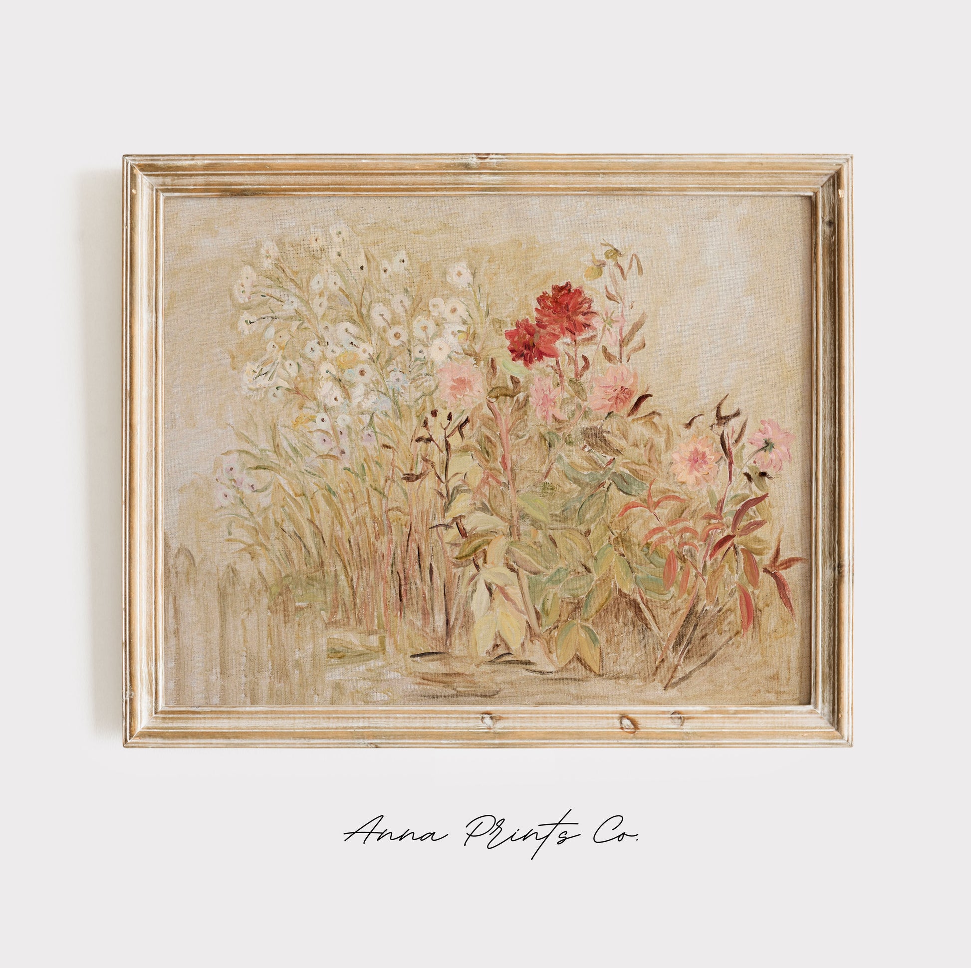 Vintage art print of Small Garden Abstract Floral Artwork displayed in wooden frame