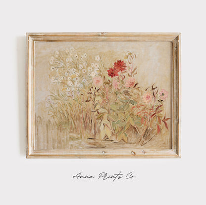 Vintage art print of Small Garden Abstract Floral Artwork displayed in wooden frame