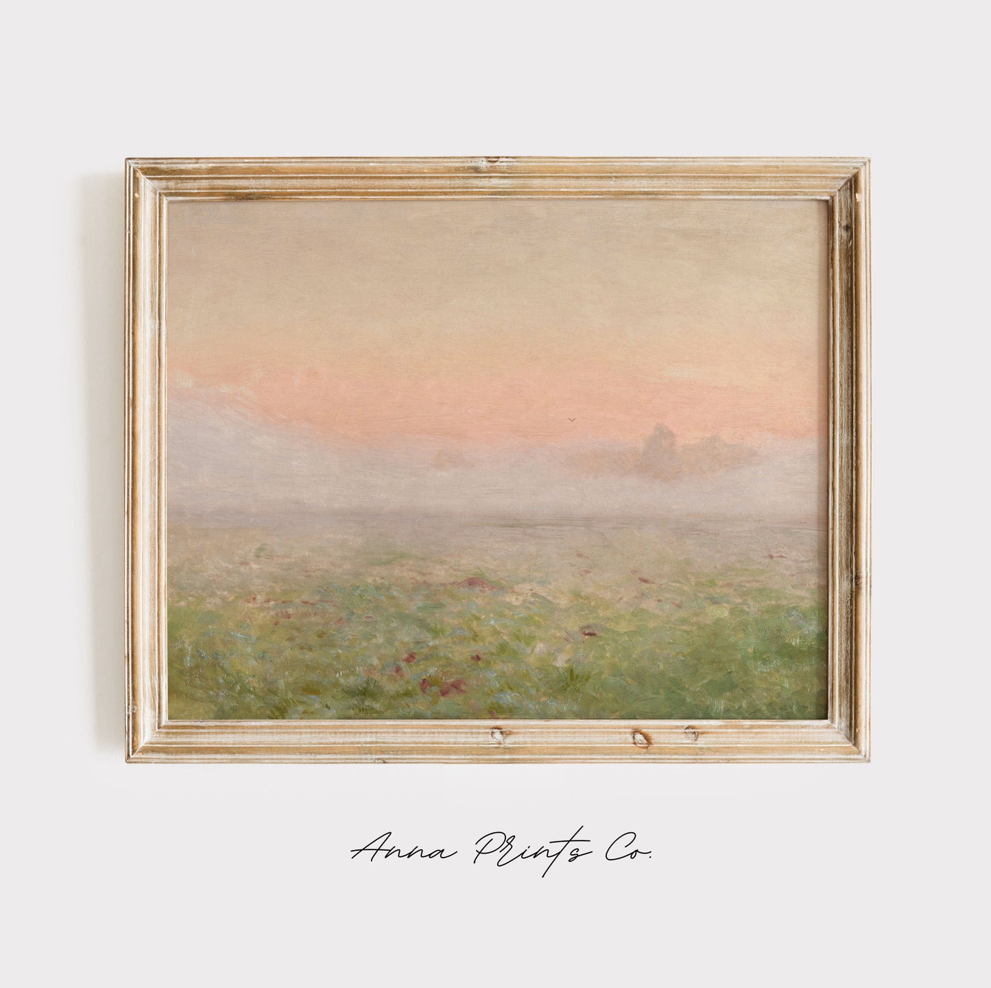 Vintage art print of Dawn Pink Hazy Landscape Painting displayed in wooden frame