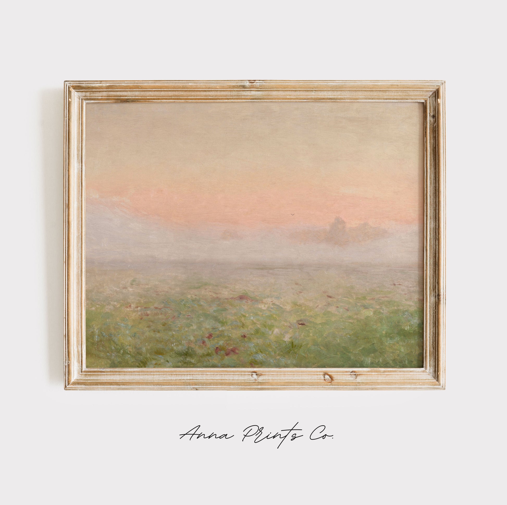 Vintage art print of Dawn Pink Hazy Landscape Painting displayed in wooden frame