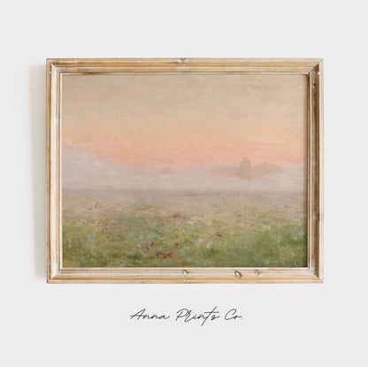 Vintage art print of Dawn Pink Hazy Landscape Painting displayed in wooden frame