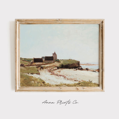 Vintage art print of Beach Seascape Ocean Painting displayed in wooden frame