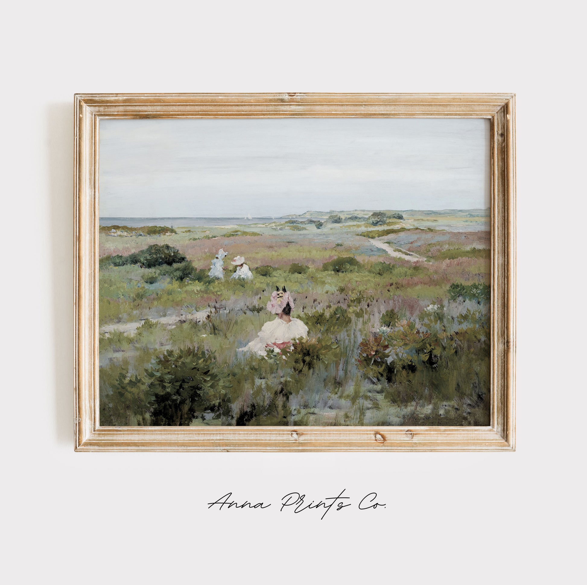 Vintage art print of Woman in Flower Field Painting displayed in wooden frame