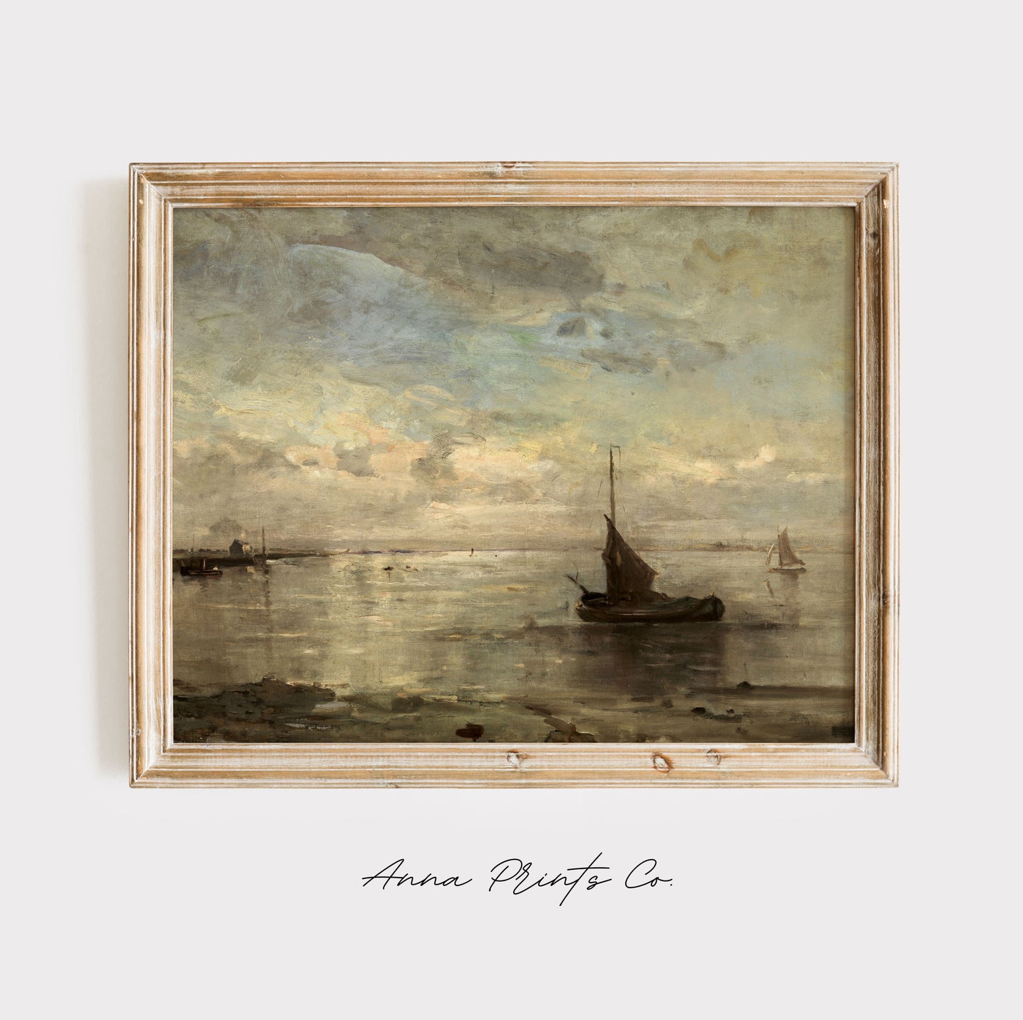 Vintage art print of Seascape Moody Neutral Painting displayed in wooden frame
