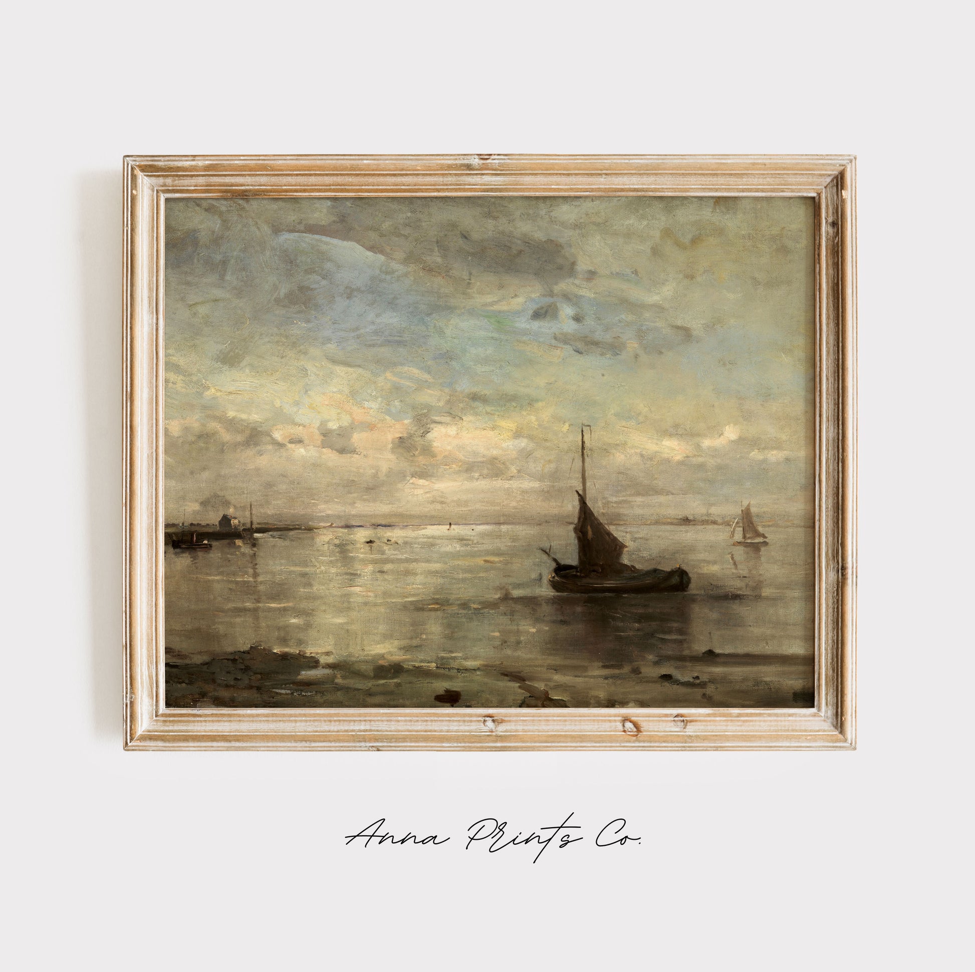 Vintage art print of Seascape Moody Neutral Painting displayed in wooden frame