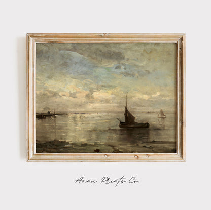 Vintage art print of Seascape Moody Neutral Painting displayed in wooden frame