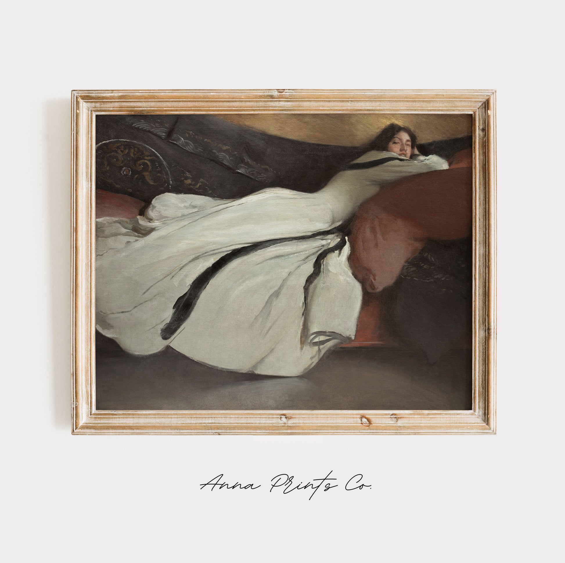 Vintage art print of Repose Woman Portrait Painting displayed in wooden frame