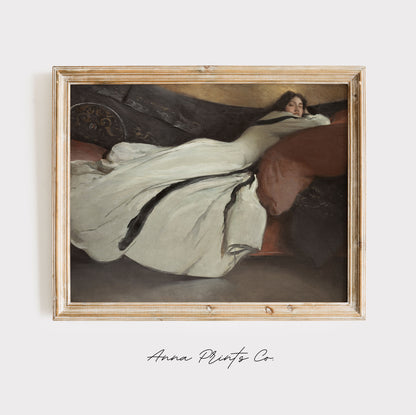 Vintage art print of Repose Woman Portrait Painting displayed in wooden frame