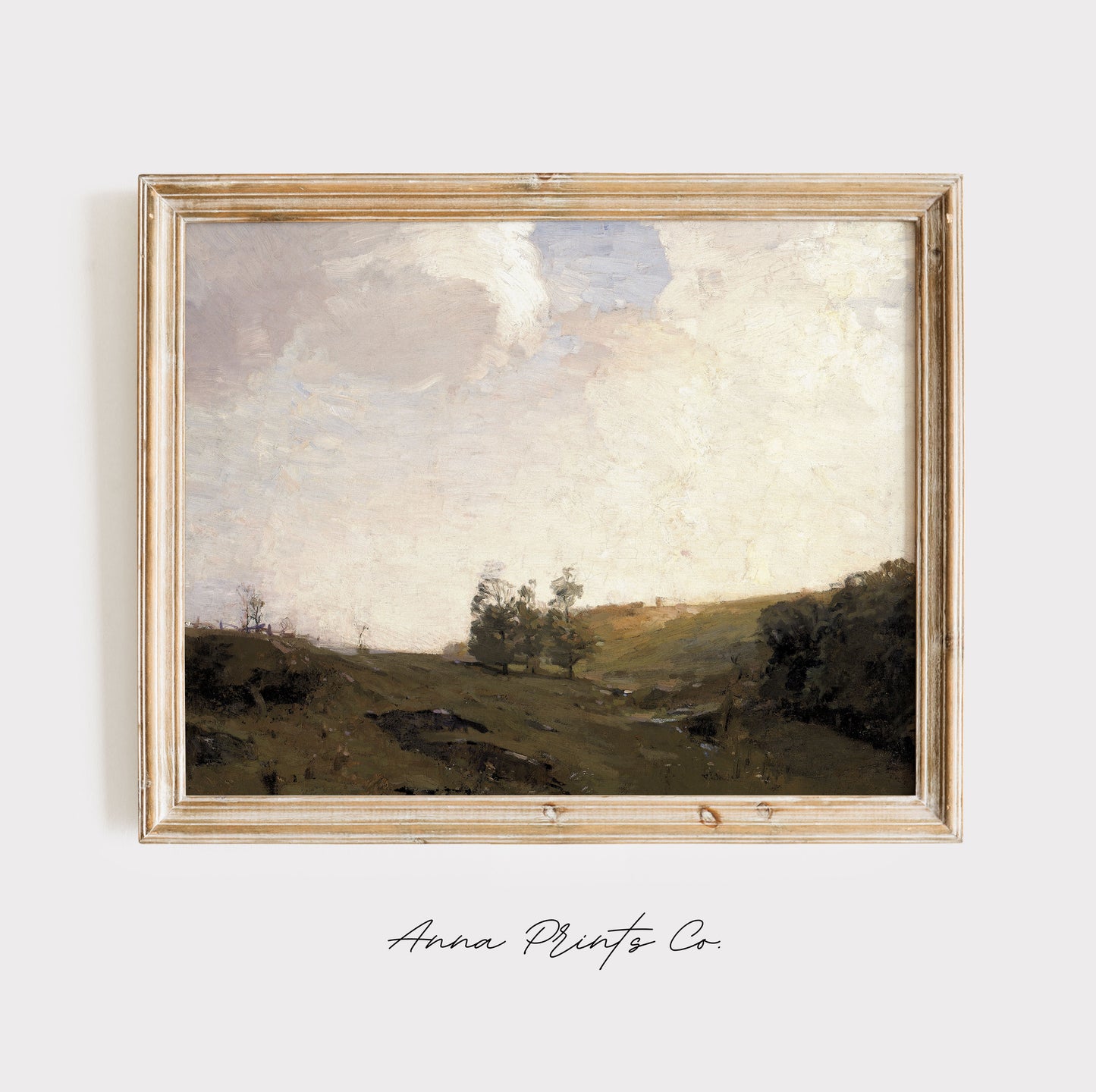 Vintage art print of The Three Trees Landscape Painting displayed in wooden frame