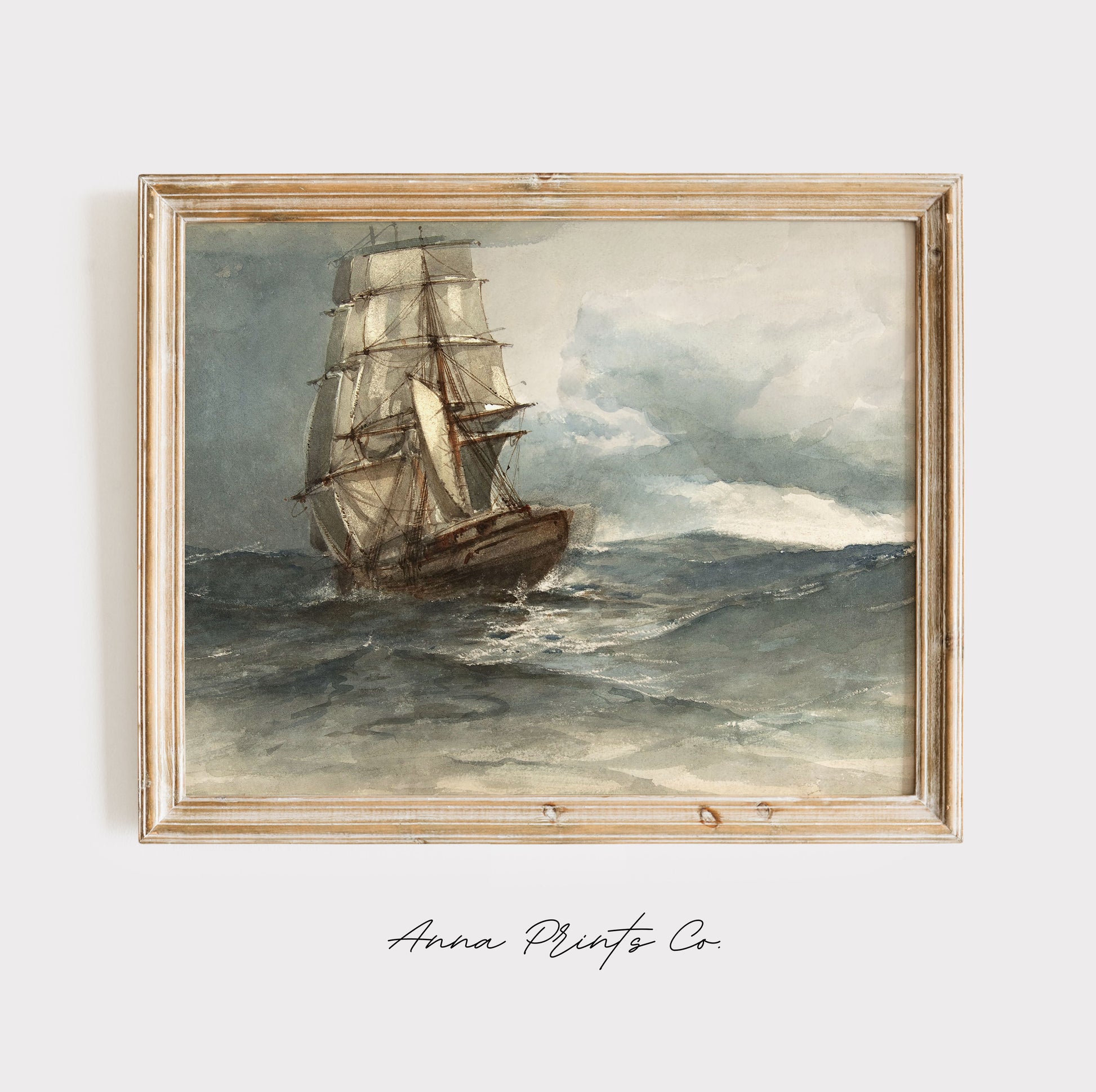 Vintage art print of Ship at Sea Watercolor Ocean Artwork displayed in wooden frame