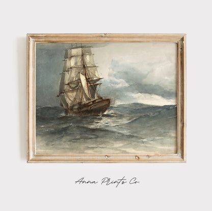 Vintage art print of Ship at Sea Watercolor Ocean Artwork displayed in wooden frame