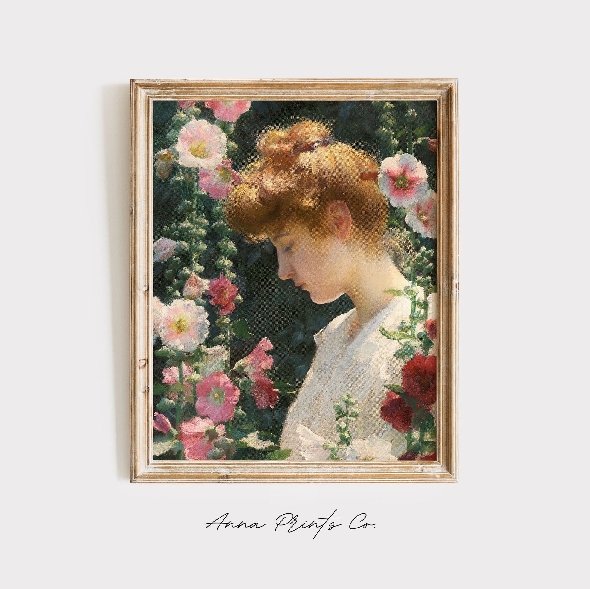 Vintage art print of Woman in Garden Painting displayed in wooden frame