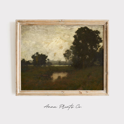 Vintage art print of Moody Landscape Artwork displayed in wooden frame