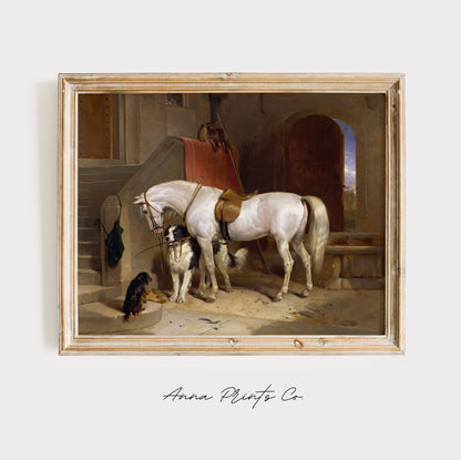 Vintage art print of Dog and Horse Animal Painting displayed in wooden frame