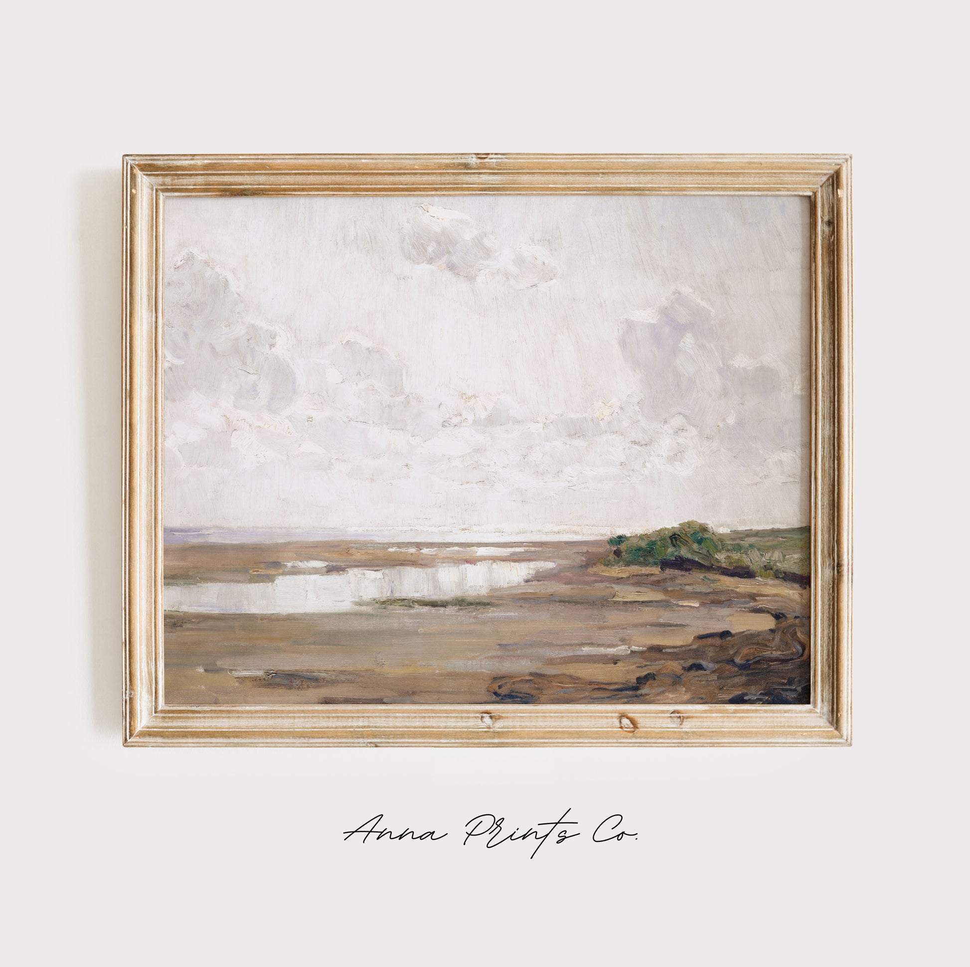 Vintage art print of Wadden Sea Coastal Beach Painting displayed in wooden frame