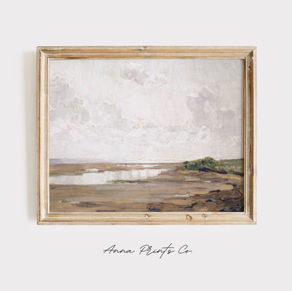 Vintage art print of Wadden Sea Coastal Beach Painting displayed in wooden frame