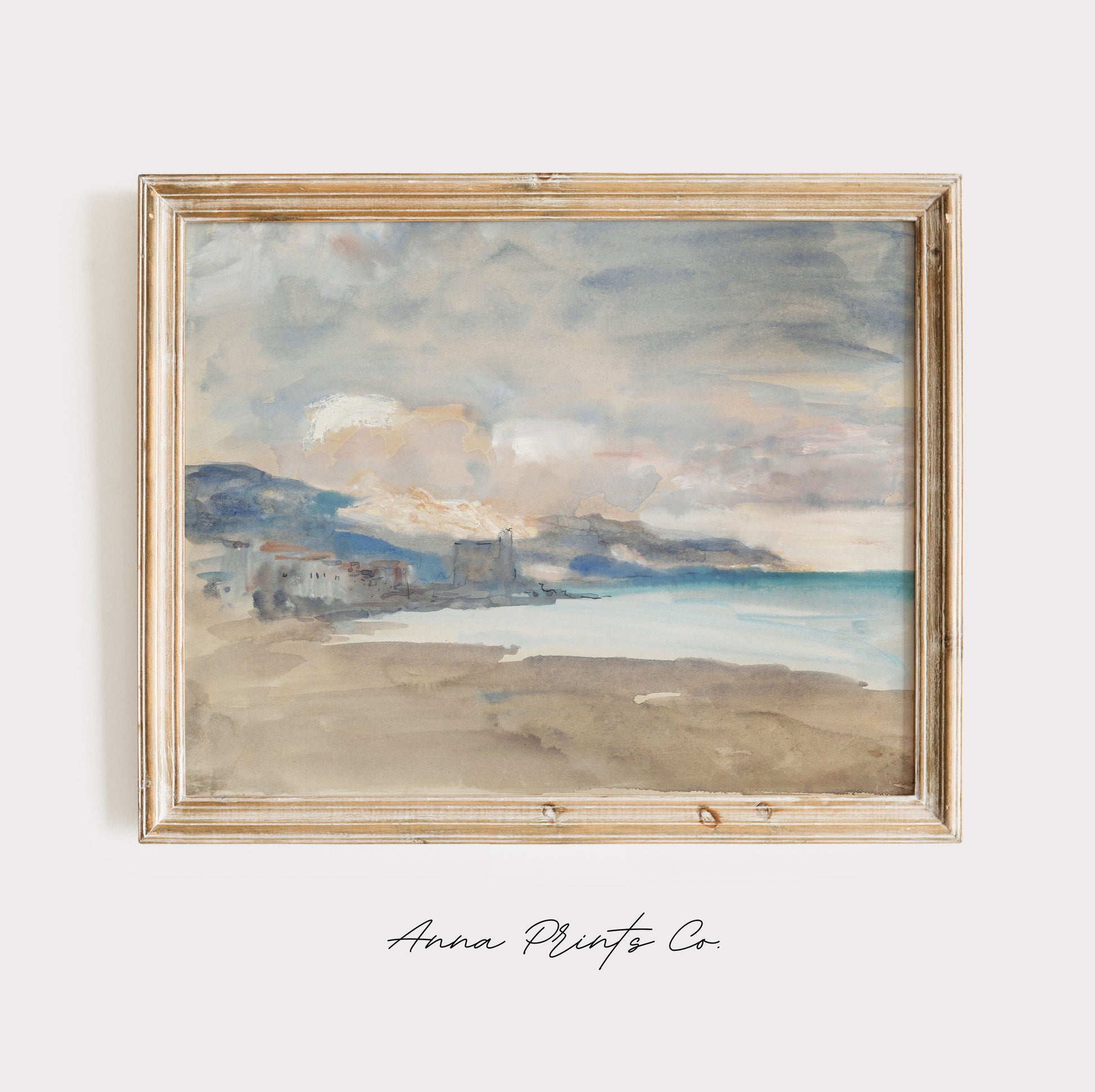 Vintage art print of View of Nice Beach Watercolor displayed in wooden frame