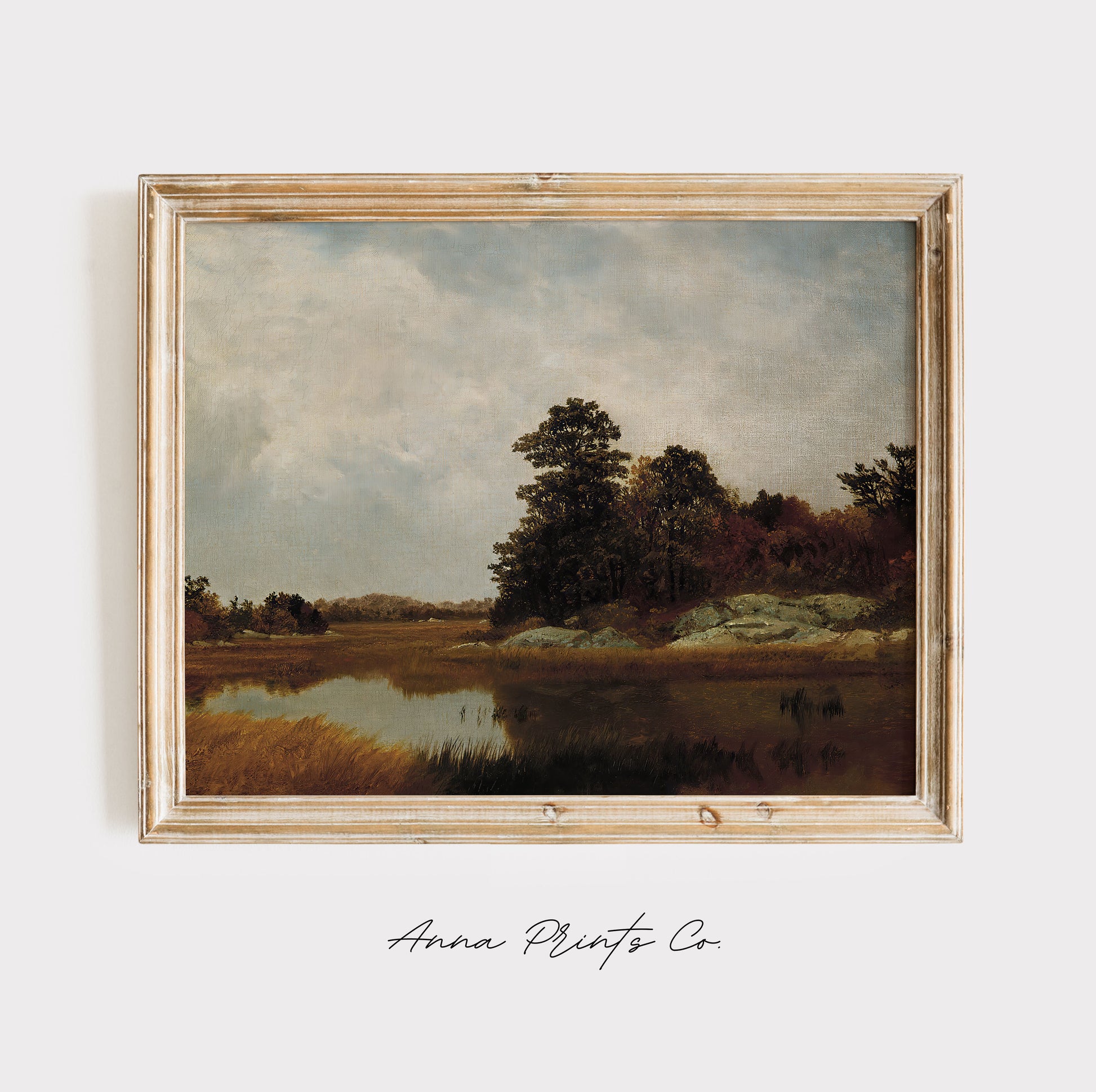 Vintage art print of October in the Marshes Fall Landscape displayed in wooden frame