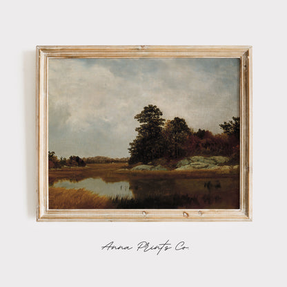 Vintage art print of October in the Marshes Fall Landscape displayed in wooden frame