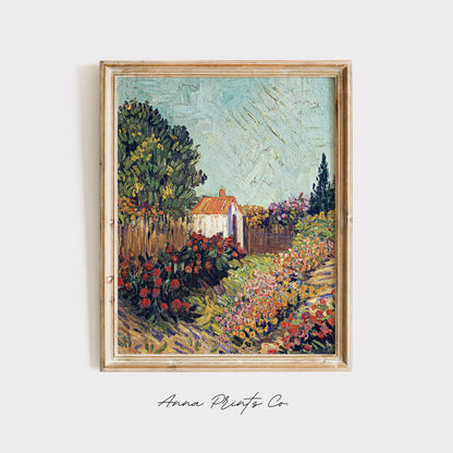 Vintage art print of Van Gogh Style Landscape Artwork displayed in wooden frame