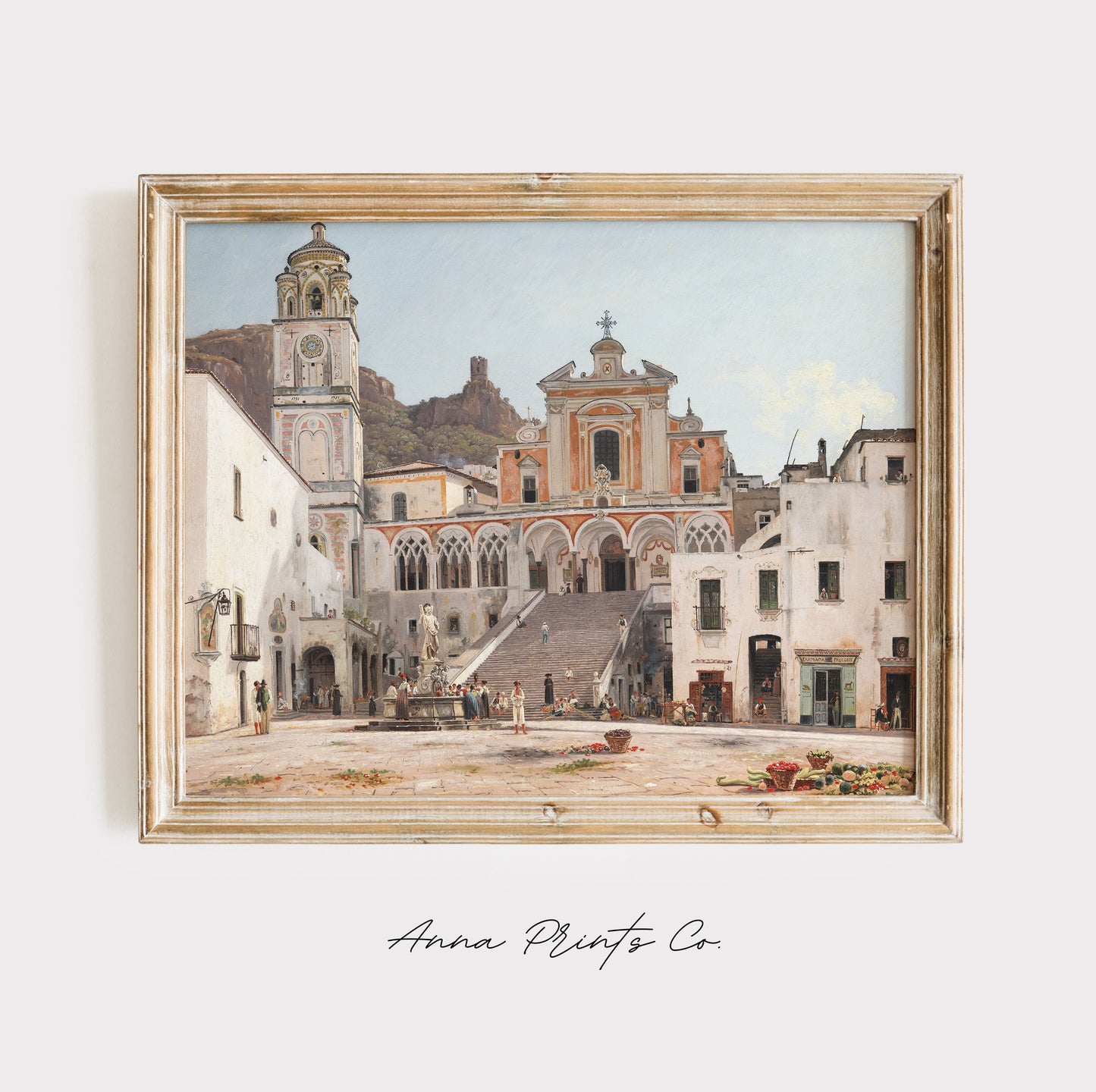 Vintage art print of Italian Cityscape Paintong displayed in wooden frame