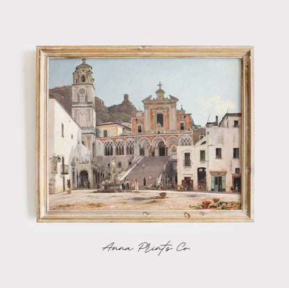 Vintage art print of Italian Cityscape Paintong displayed in wooden frame