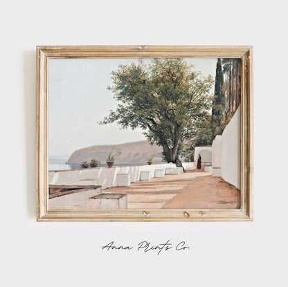 Vintage art print of Mediterranean Coastal Artwork displayed in wooden frame