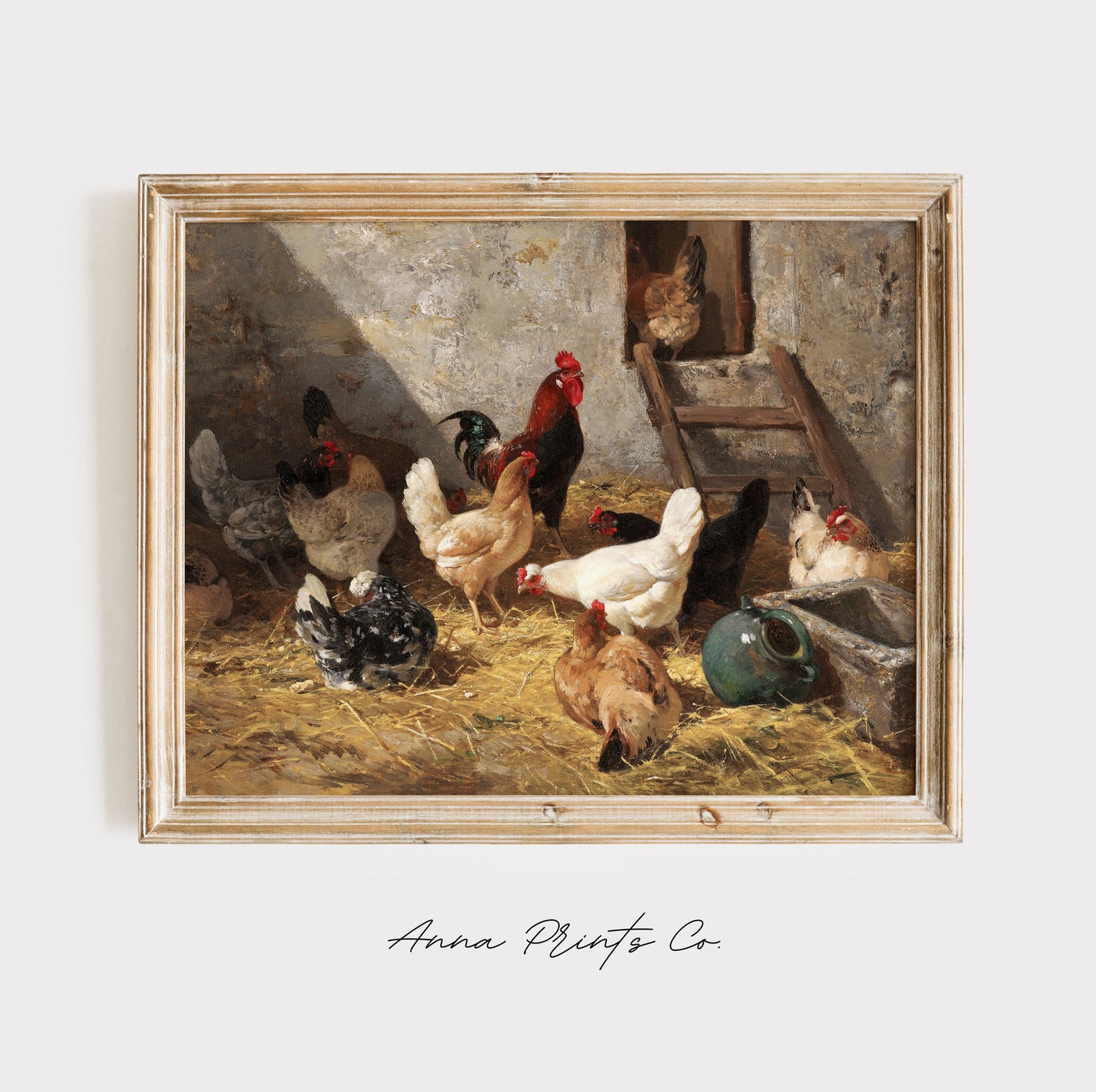 Vintage art print of The Hen-Roost Farm Painting displayed in wooden frame