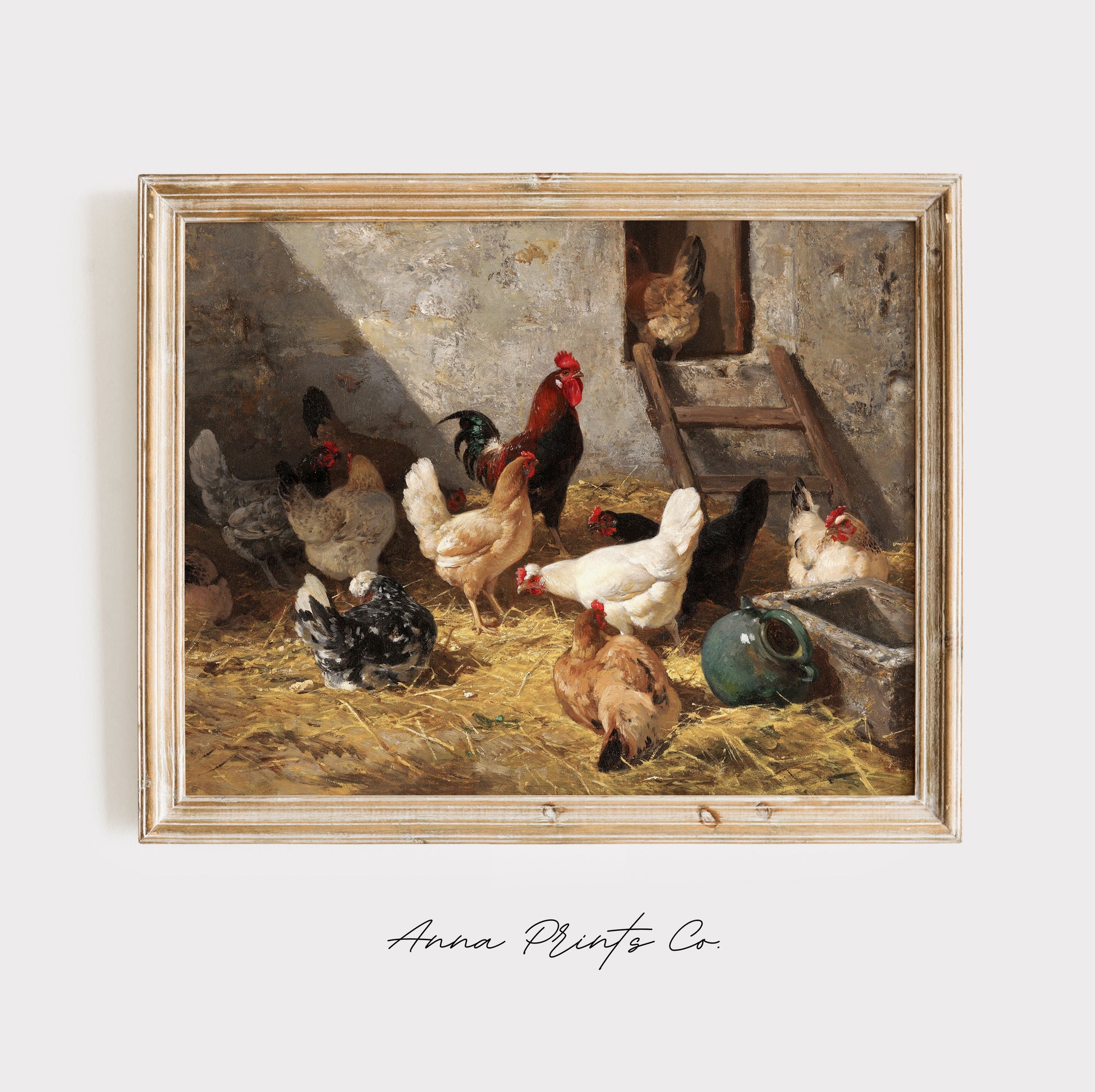 Vintage art print of The Hen-Roost Farm Painting displayed in wooden frame