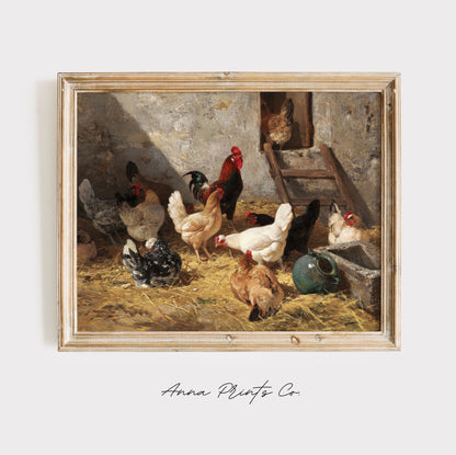 Vintage art print of The Hen-Roost Farm Painting displayed in wooden frame