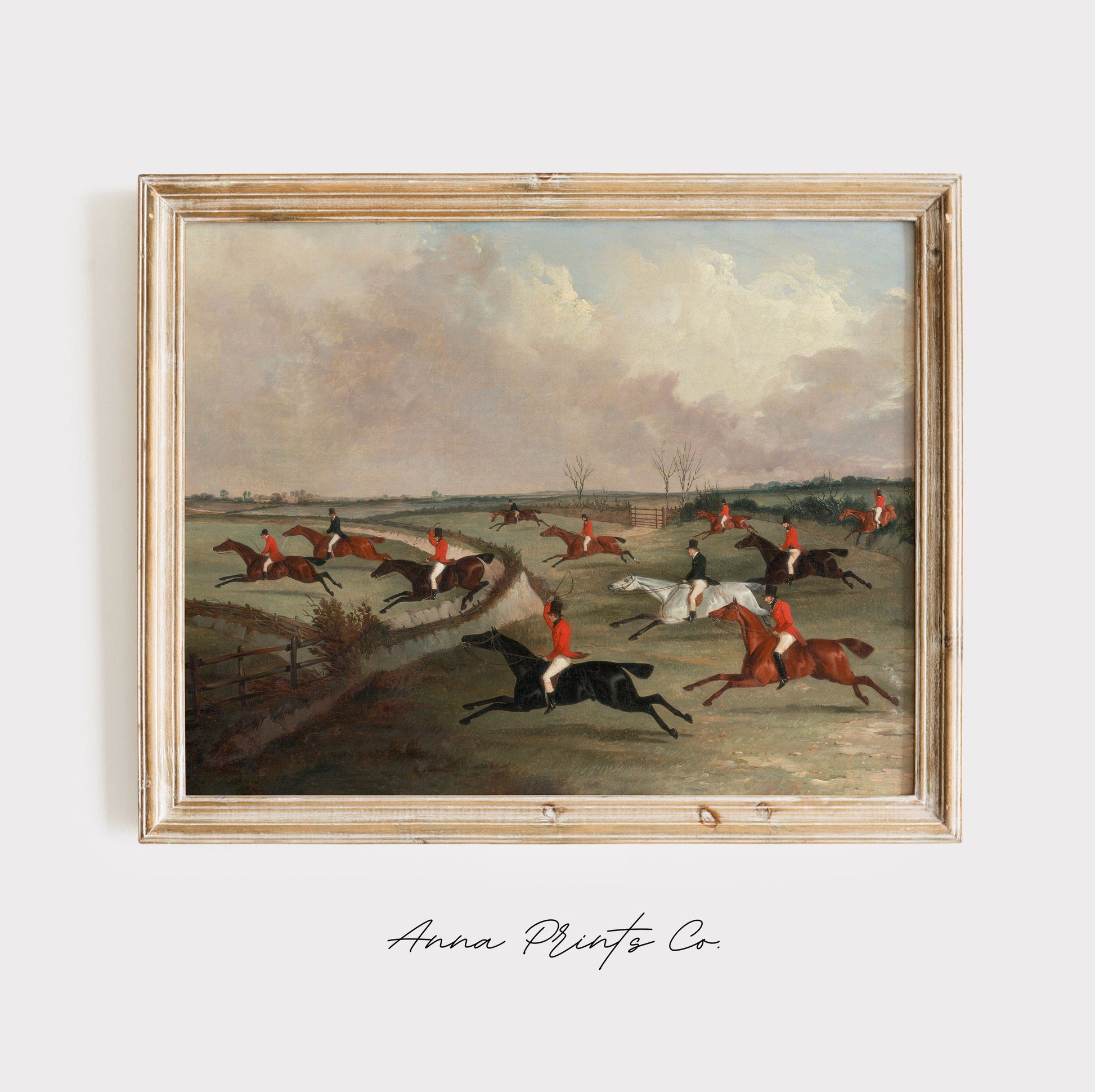 Vintage art print of English Hunt Equestrian Artwork displayed in wooden frame