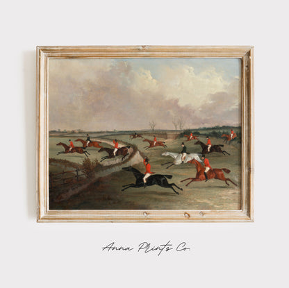 Vintage art print of English Hunt Equestrian Artwork displayed in wooden frame