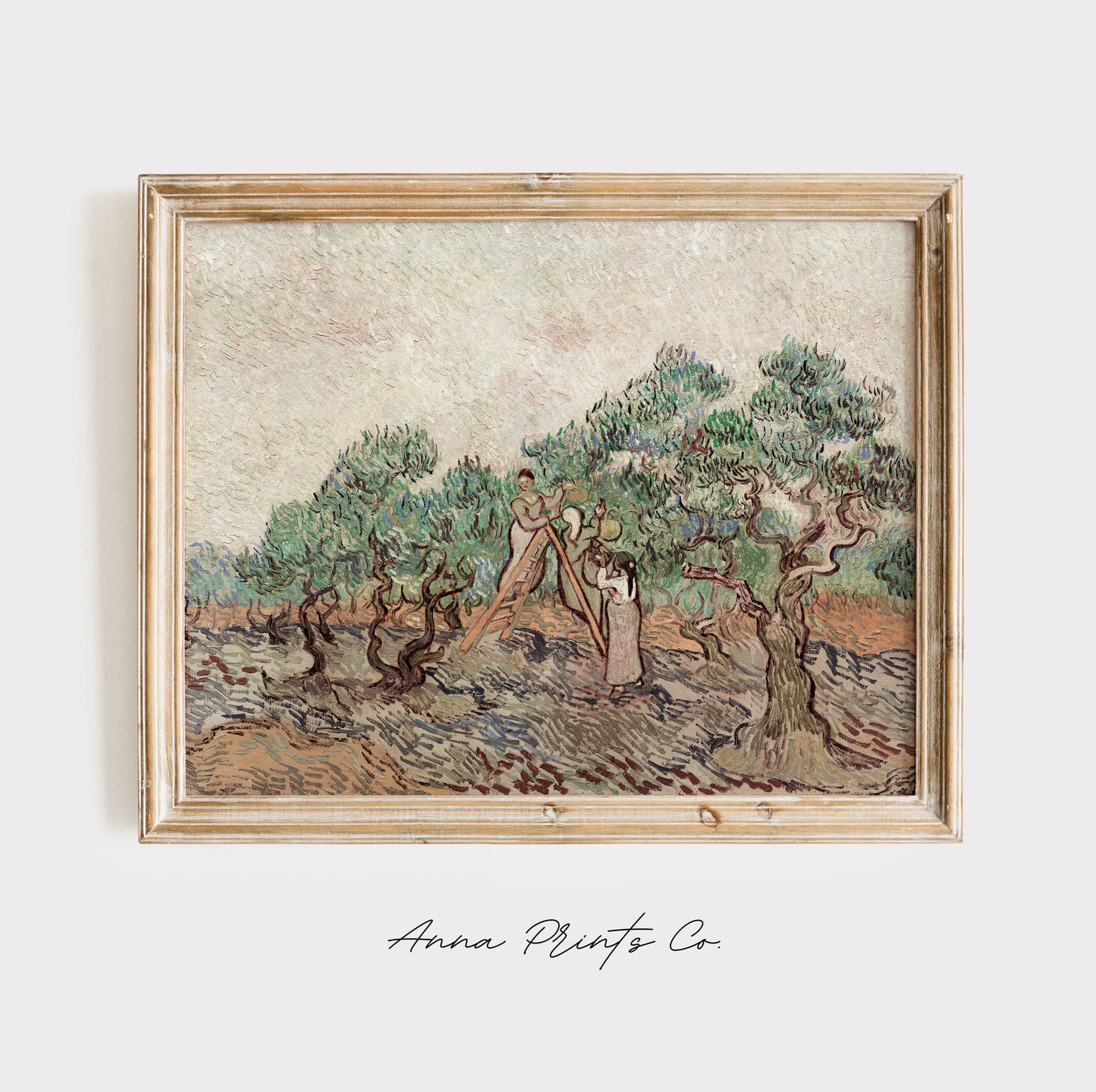 Vintage art print of The Olive Orchard by Van Gogh displayed in wooden frame