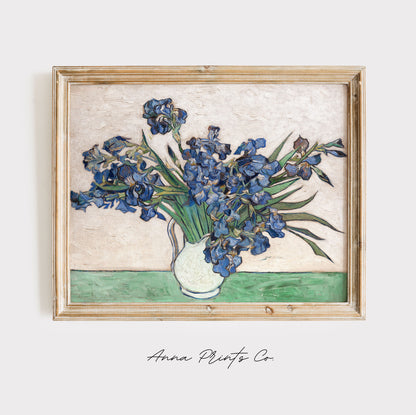 Vintage art print of Irises in Vase by Van Gogh displayed in wooden frame