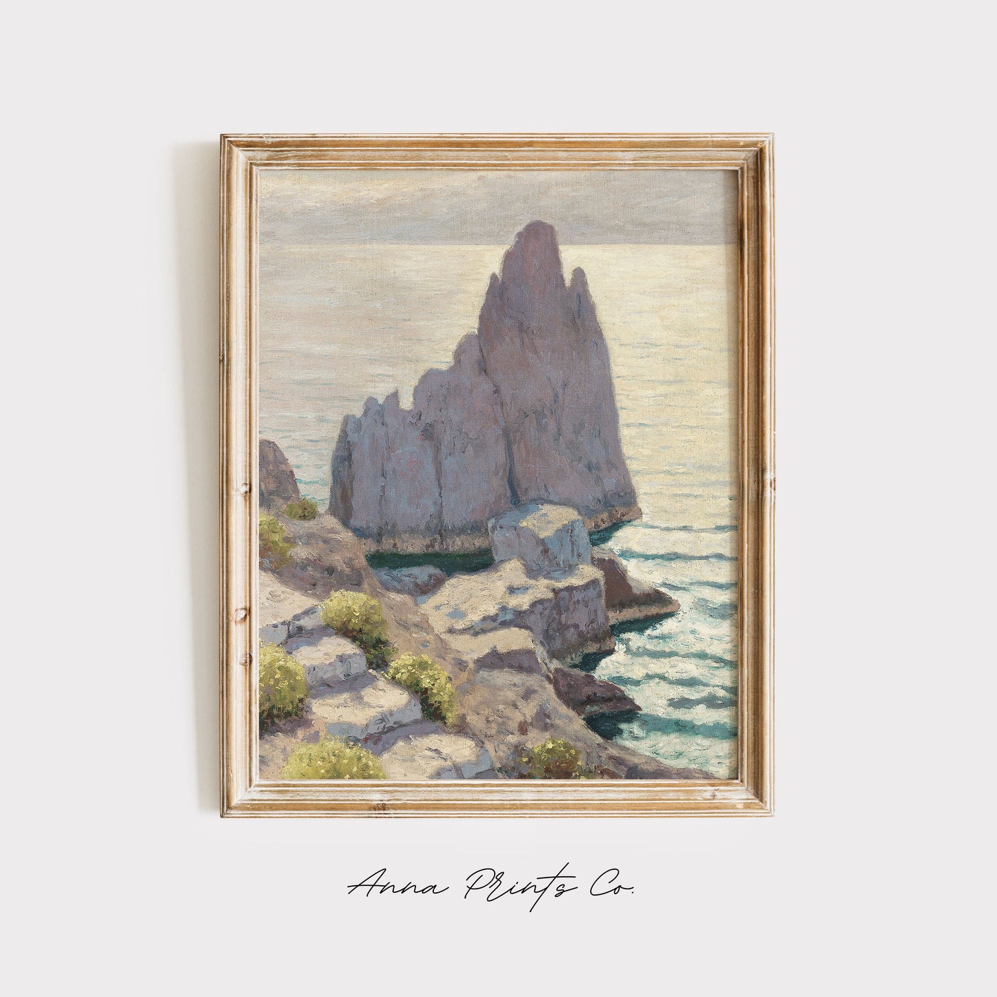 Vintage art print of Capri Coastal Seascape Painting displayed in wooden frame