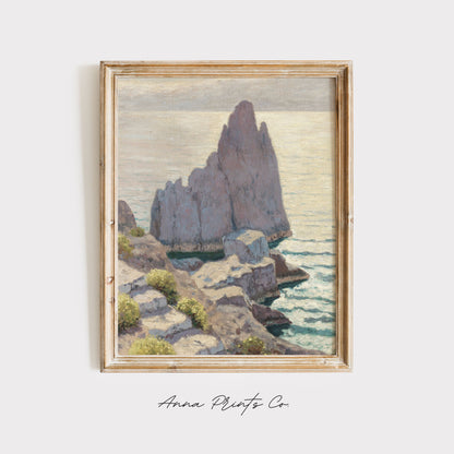 Vintage art print of Capri Coastal Seascape Painting displayed in wooden frame