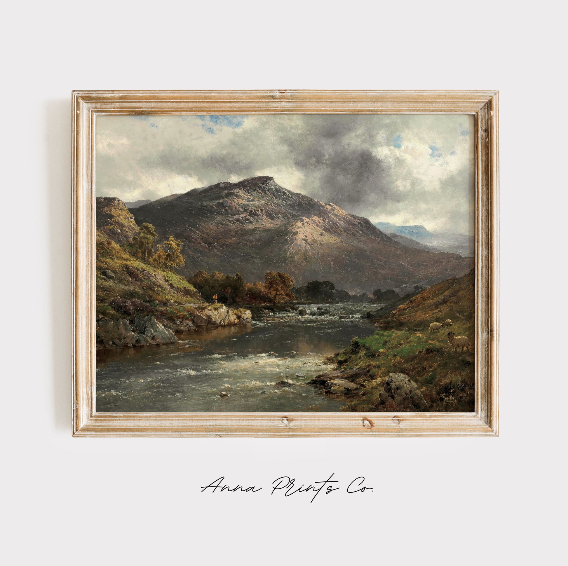 Vintage art print of Scottish Highlands Landscape displayed in wooden frame
