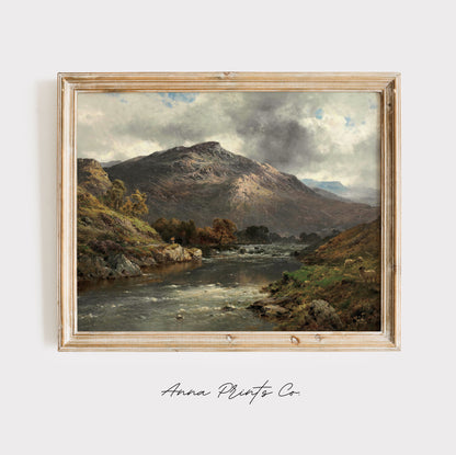 Vintage art print of Scottish Highlands Landscape displayed in wooden frame