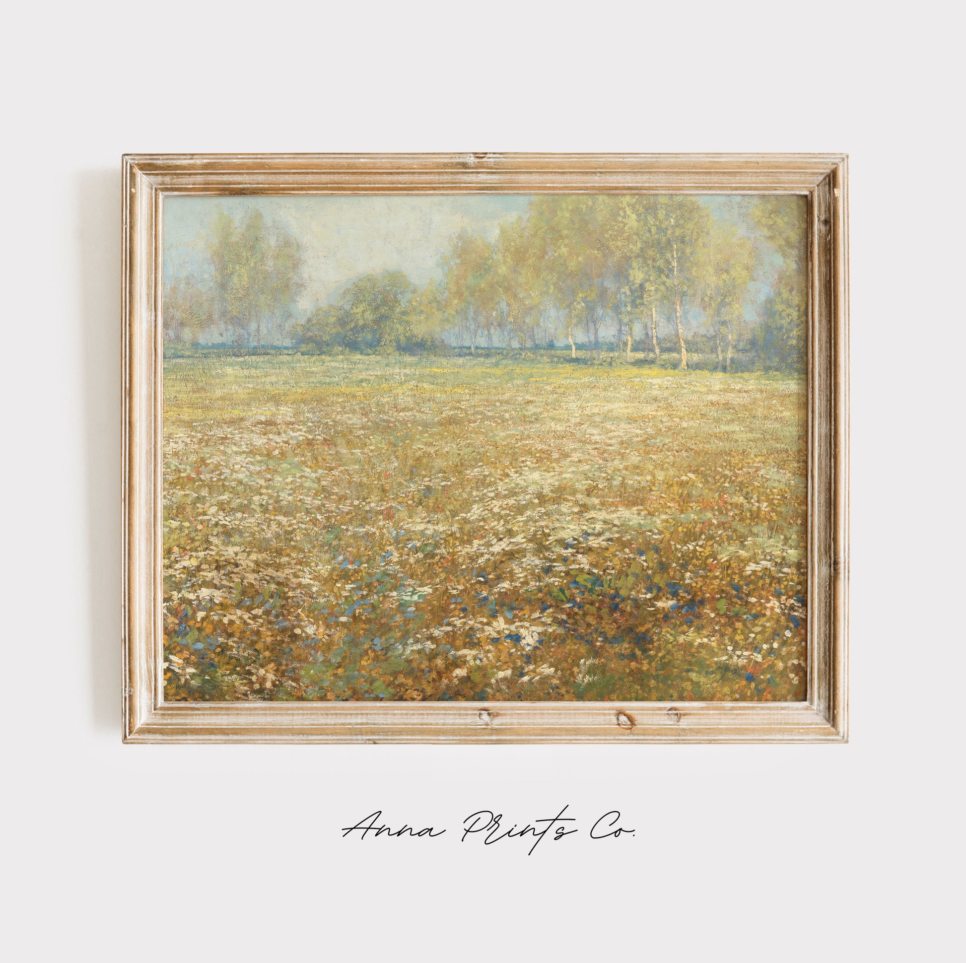 Vintage art print of Meadow in Bloom Landscape Painting displayed in wooden frame