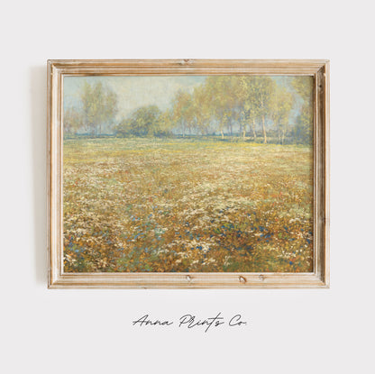 Vintage art print of Meadow in Bloom Landscape Painting displayed in wooden frame