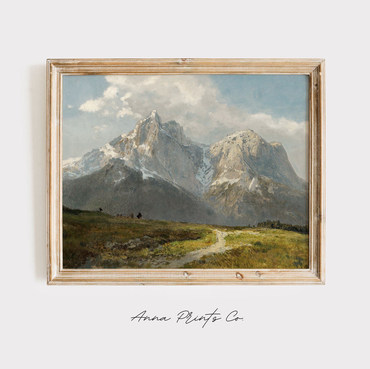 Vintage art print of Mountain Landscape Rustic Artwork displayed in wooden frame