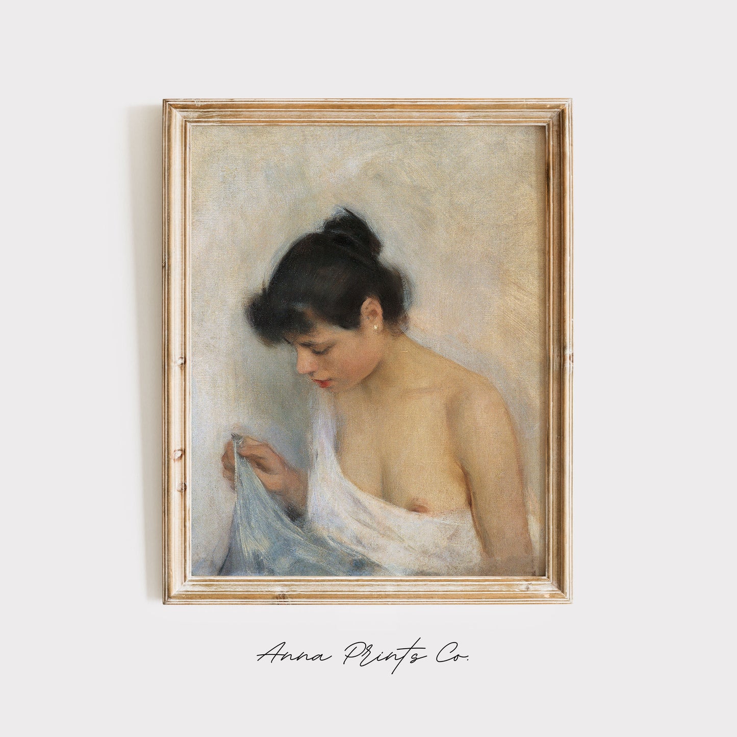 Vintage art print of Study of Woman Neutral Art displayed in wooden frame