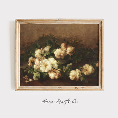 Vintage art print of Still Life with Guitar and Roses displayed in wooden frame