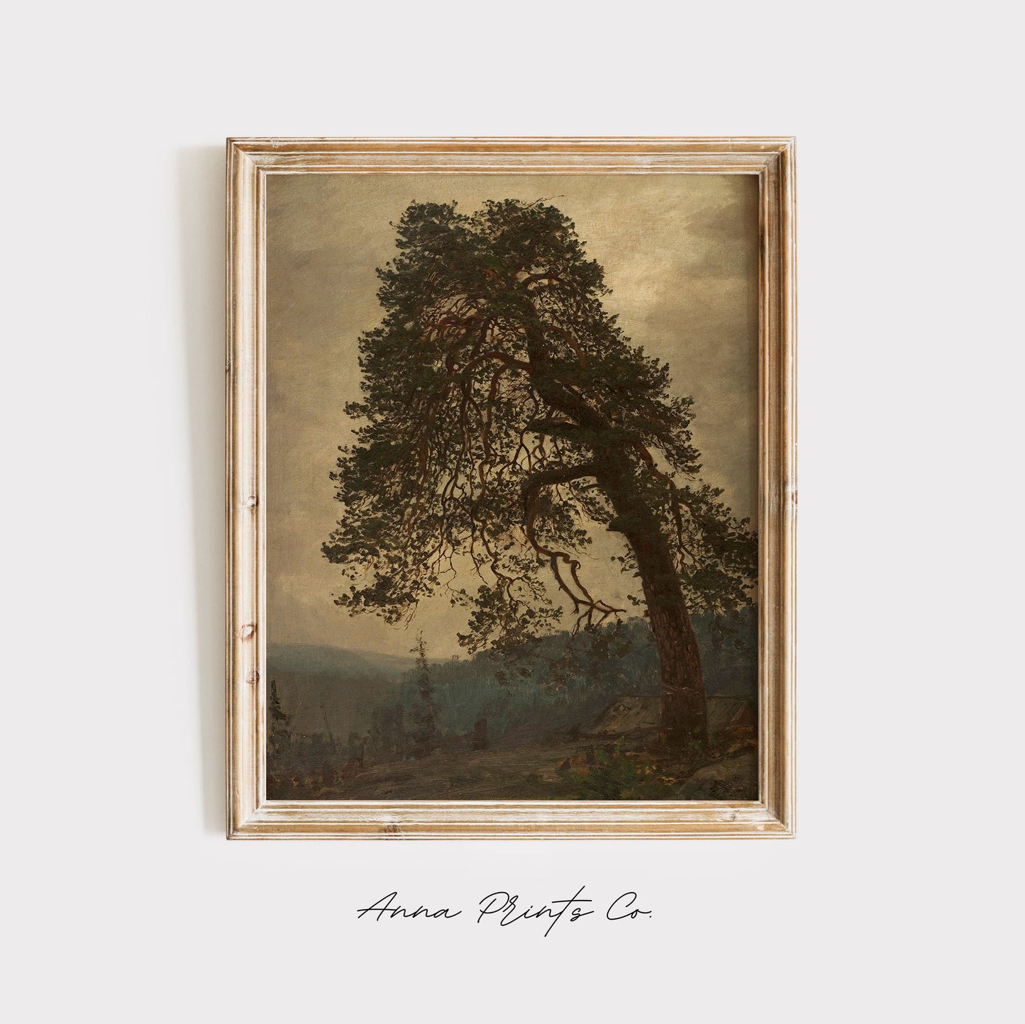 Vintage art print of Moody Landscape Tree Art displayed in wooden frame