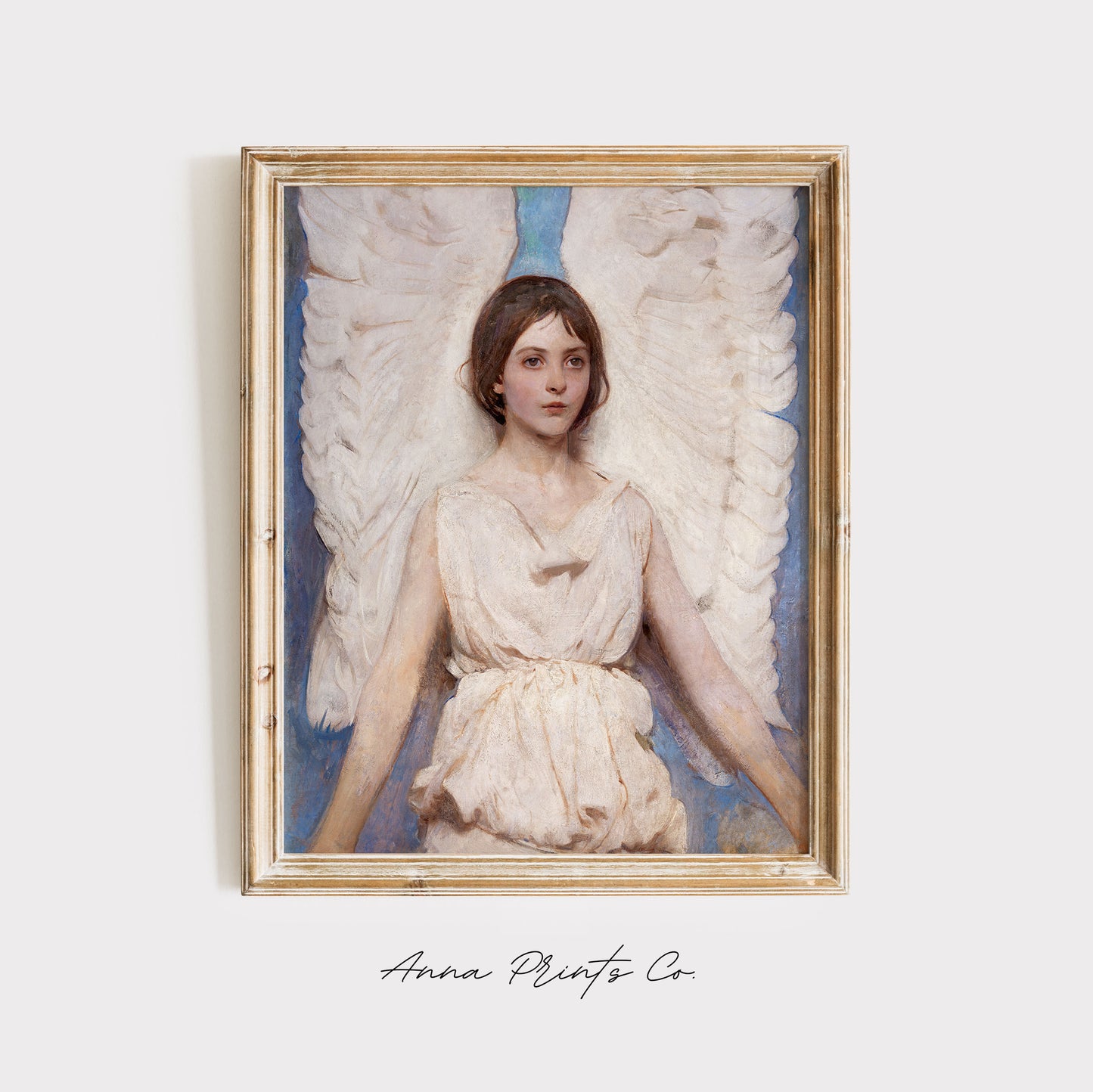 Vintage art print of Angel Portrait Painting displayed in wooden frame