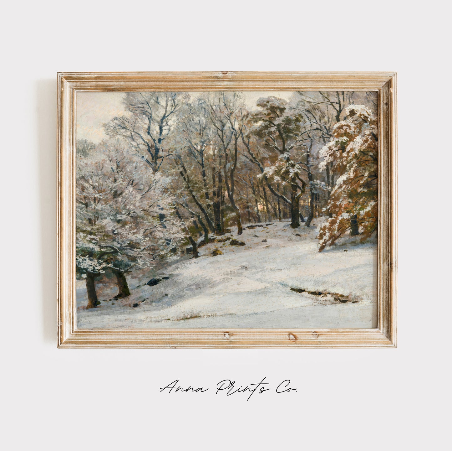 Vintage art print of A Winter's Day Landscape Painting displayed in wooden frame