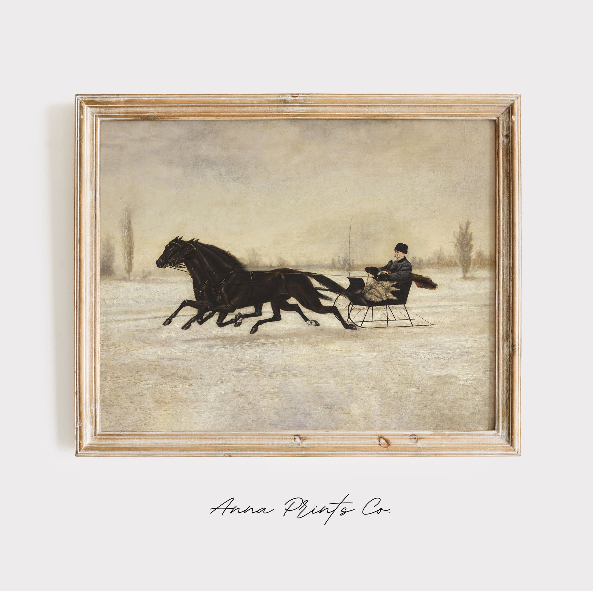 Vintage art print of Winter Sleigh Landscape Painting displayed in wooden frame