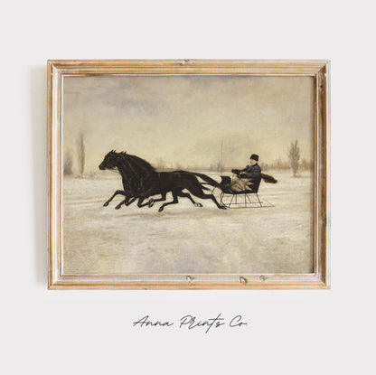 Vintage art print of Winter Sleigh Landscape Painting displayed in wooden frame