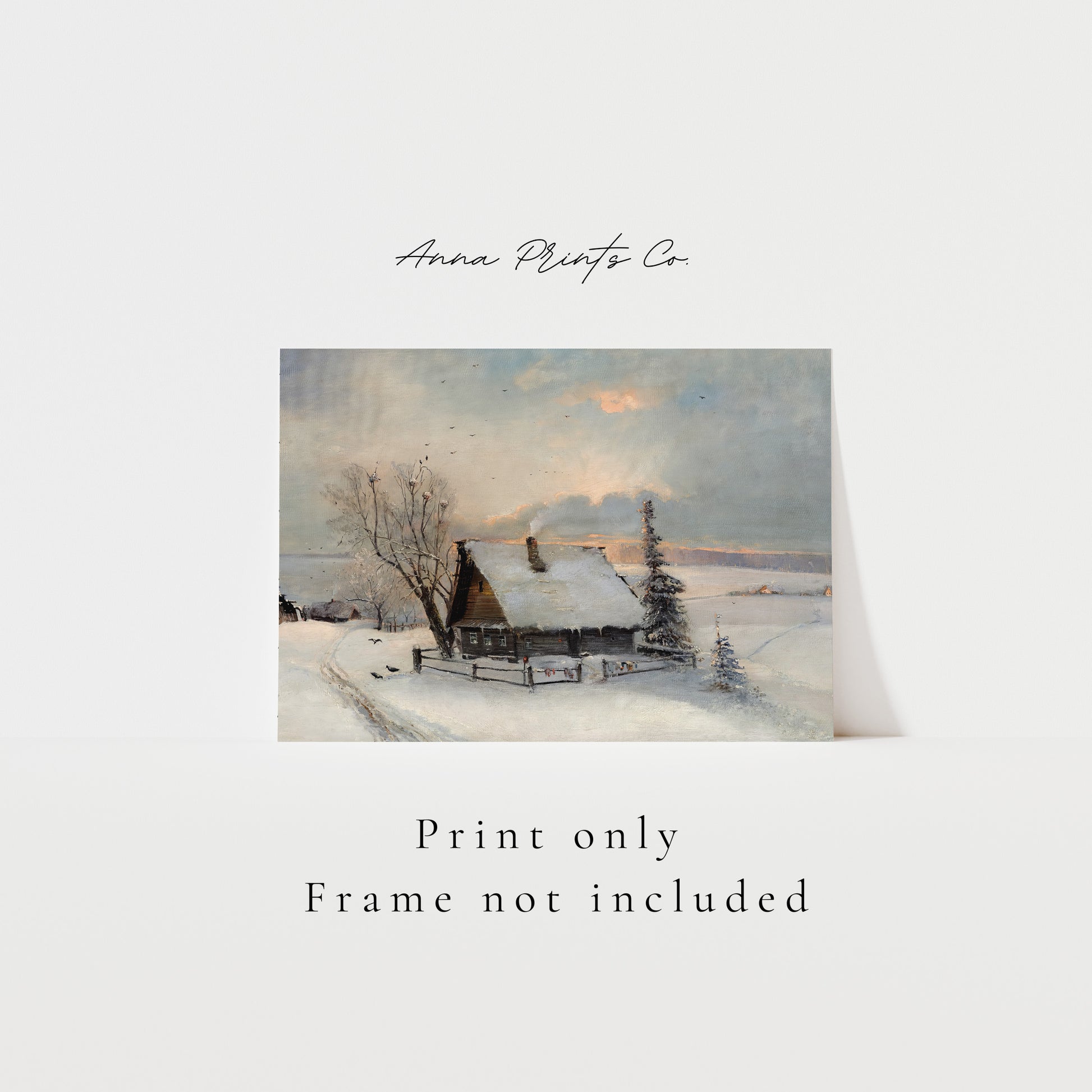 Winter landscape painting of cabin in snow displayed as a print with text overlay stating frame not included